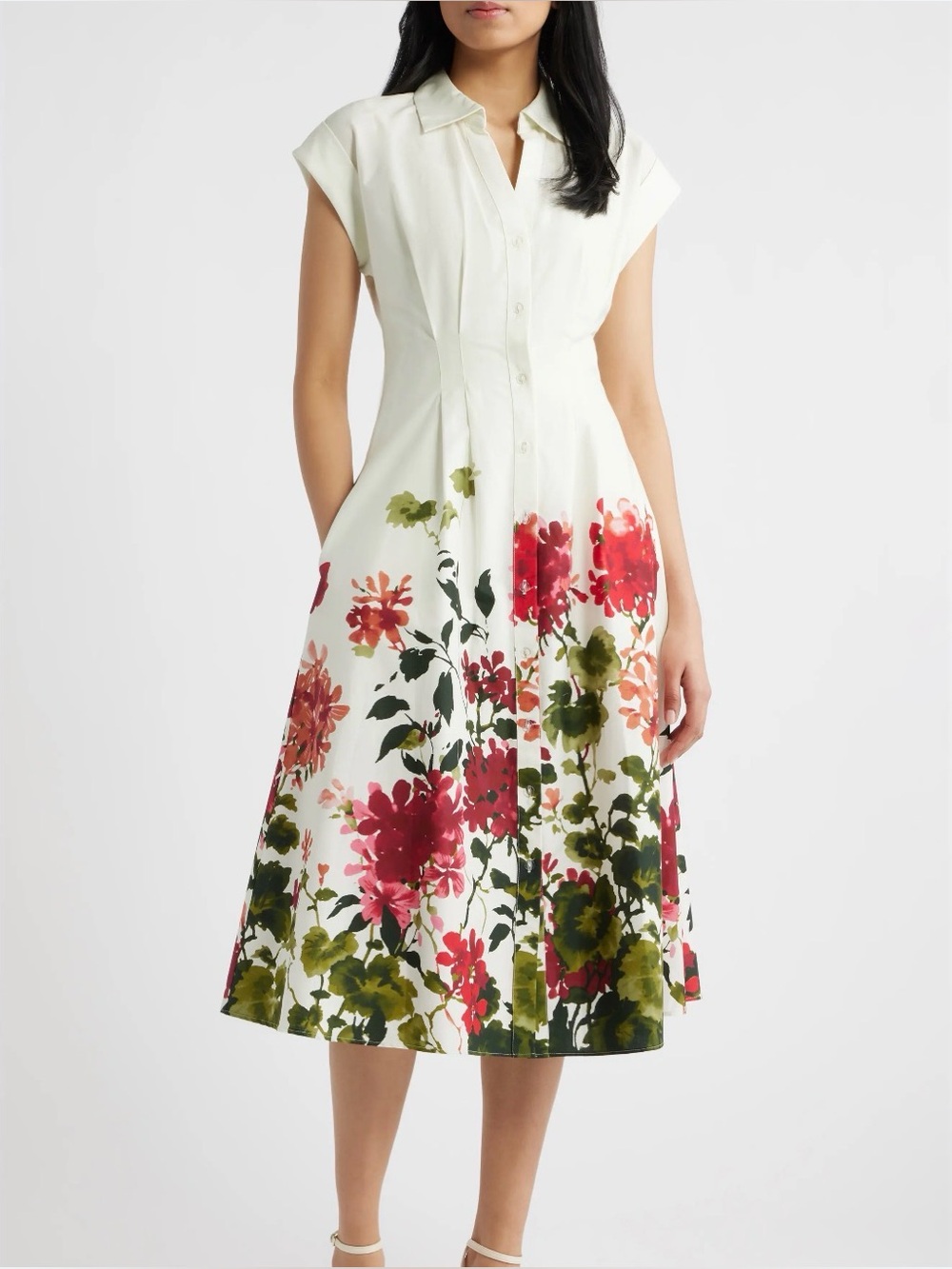 Julia Jordan Floral Placement Pleated Stretch Cotton Midi Shirtdress NWT